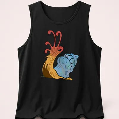 Cartoon Flail Snail design in red, blue, orange, and brown colors. — printed on a tank top