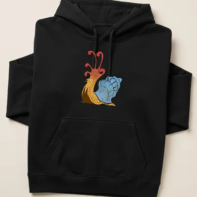 Cartoon Flail Snail design in red, blue, orange, and brown colors. — printed on a unisex hoodie