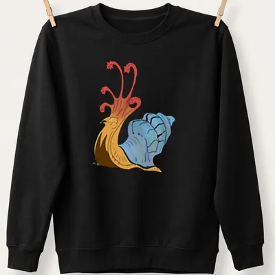 Cartoon Flail Snail design in red, blue, orange, and brown colors. — printed on a unisex sweatshirt