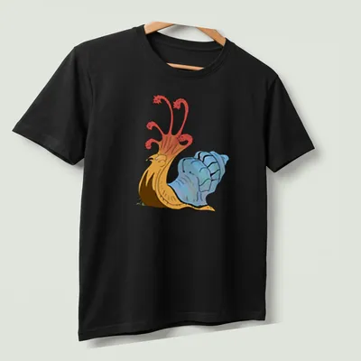 Cartoon Flail Snail design in red, blue, orange, and brown colors. — printed on a unisex t-shirt (angled view)