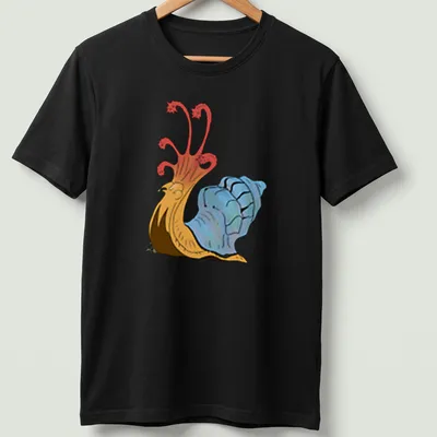 Cartoon Flail Snail design in red, blue, orange, and brown colors.