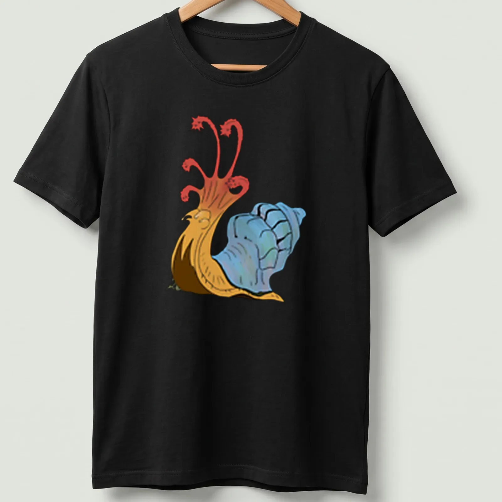 Cartoon Flail Snail design in red, blue, orange, and brown colors. — printed on a unisex t-shirt