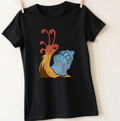 Cartoon Flail Snail design in red, blue, orange, and brown colors. — printed on a women's shirt