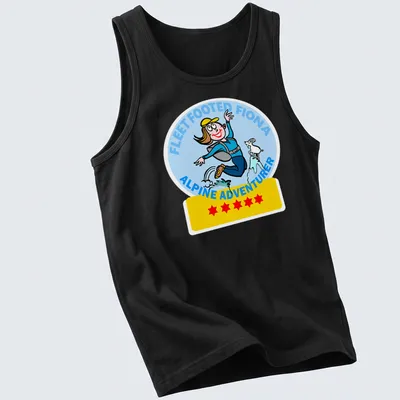 Cartoon T-shirt with Fleet Footed Fiona, an alpine adventurer, in blue, yellow, white, black, and red. — printed on a tank top