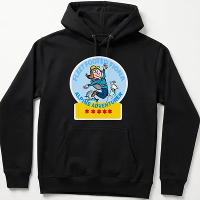 Cartoon T-shirt with Fleet Footed Fiona, an alpine adventurer, in blue, yellow, white, black, and red. — printed on a unisex hoodie