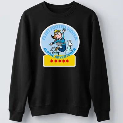 Cartoon T-shirt with Fleet Footed Fiona, an alpine adventurer, in blue, yellow, white, black, and red. — printed on a unisex sweatshirt
