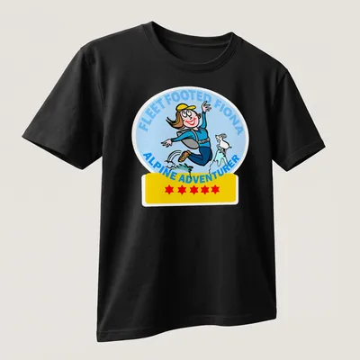 Cartoon T-shirt with Fleet Footed Fiona, an alpine adventurer, in blue, yellow, white, black, and red. — printed on a unisex t-shirt (angled view)