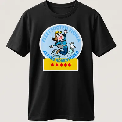 Cartoon T-shirt with Fleet Footed Fiona, an alpine adventurer, in blue, yellow, white, black, and red.