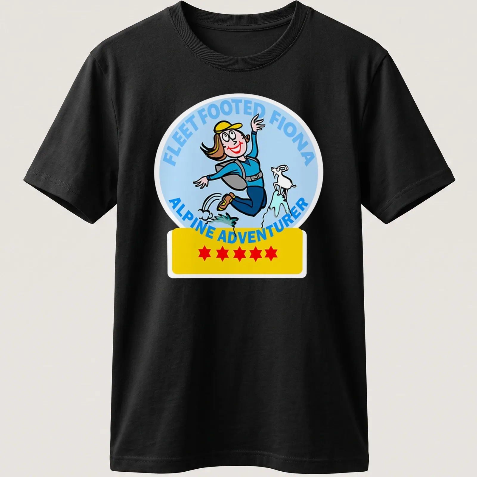 Cartoon T-shirt with Fleet Footed Fiona, an alpine adventurer, in blue, yellow, white, black, and red. — printed on a unisex t-shirt