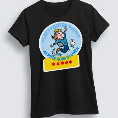 Cartoon T-shirt with Fleet Footed Fiona, an alpine adventurer, in blue, yellow, white, black, and red. — printed on a women's shirt