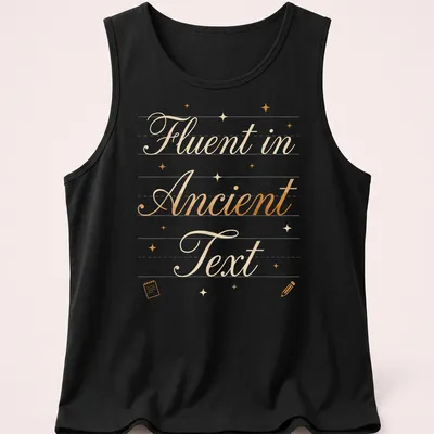 Elegant script of 'Fluent in Ancient Text' in gold on white — printed on a tank top