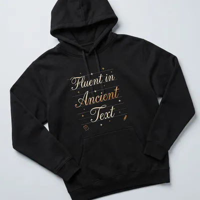 Elegant script of 'Fluent in Ancient Text' in gold on white — printed on a unisex hoodie