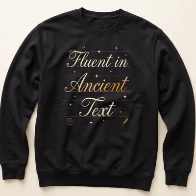 Elegant script of 'Fluent in Ancient Text' in gold on white — printed on a unisex sweatshirt