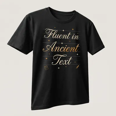 Elegant script of 'Fluent in Ancient Text' in gold on white — printed on a unisex t-shirt (angled view)