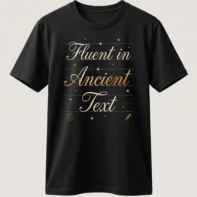 Elegant script of 'Fluent in Ancient Text' in gold on white t-shirt