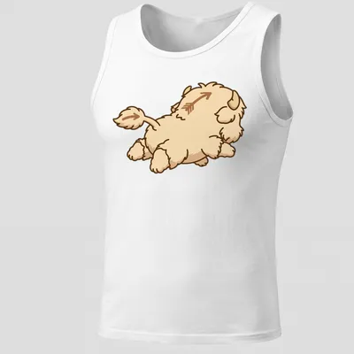 Kawaii line-art of a fluffy bison with an arrow above it in beige, brown, and white — printed on a tank top