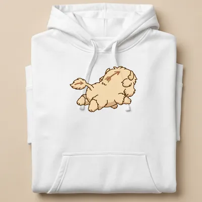 Kawaii line-art of a fluffy bison with an arrow above it in beige, brown, and white — printed on a unisex hoodie