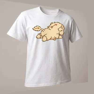 Kawaii line-art of a fluffy bison with an arrow above it in beige, brown, and white — printed on a unisex t-shirt (angled view)