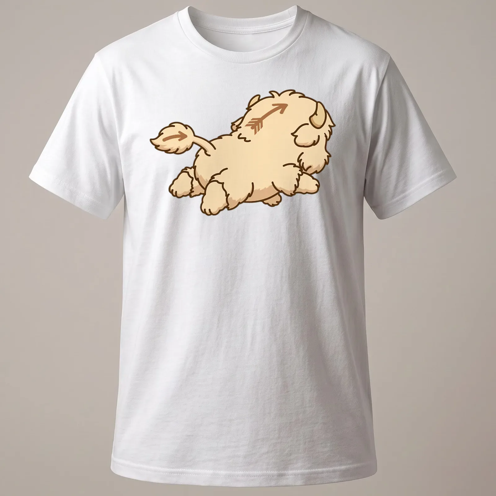 Kawaii line-art of a fluffy bison with an arrow above it in beige, brown, and white — printed on a unisex t-shirt