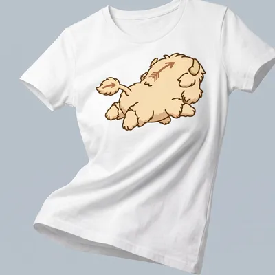 Kawaii line-art of a fluffy bison with an arrow above it in beige, brown, and white — printed on a women's shirt