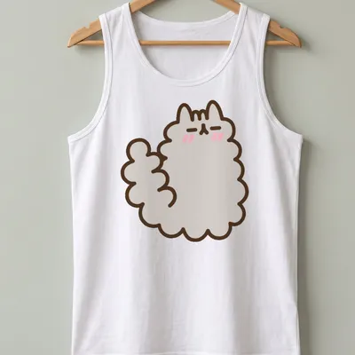 Kawaii style t-shirt with a shy fluffy cat character in gray, pink, and brown — printed on a tank top