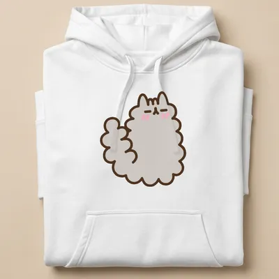 Kawaii style t-shirt with a shy fluffy cat character in gray, pink, and brown — printed on a unisex hoodie