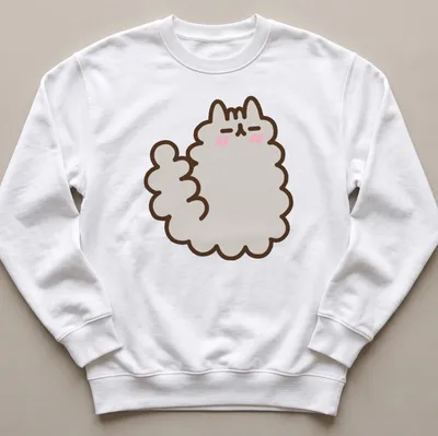 Kawaii style t-shirt with a shy fluffy cat character in gray, pink, and brown — printed on a unisex sweatshirt