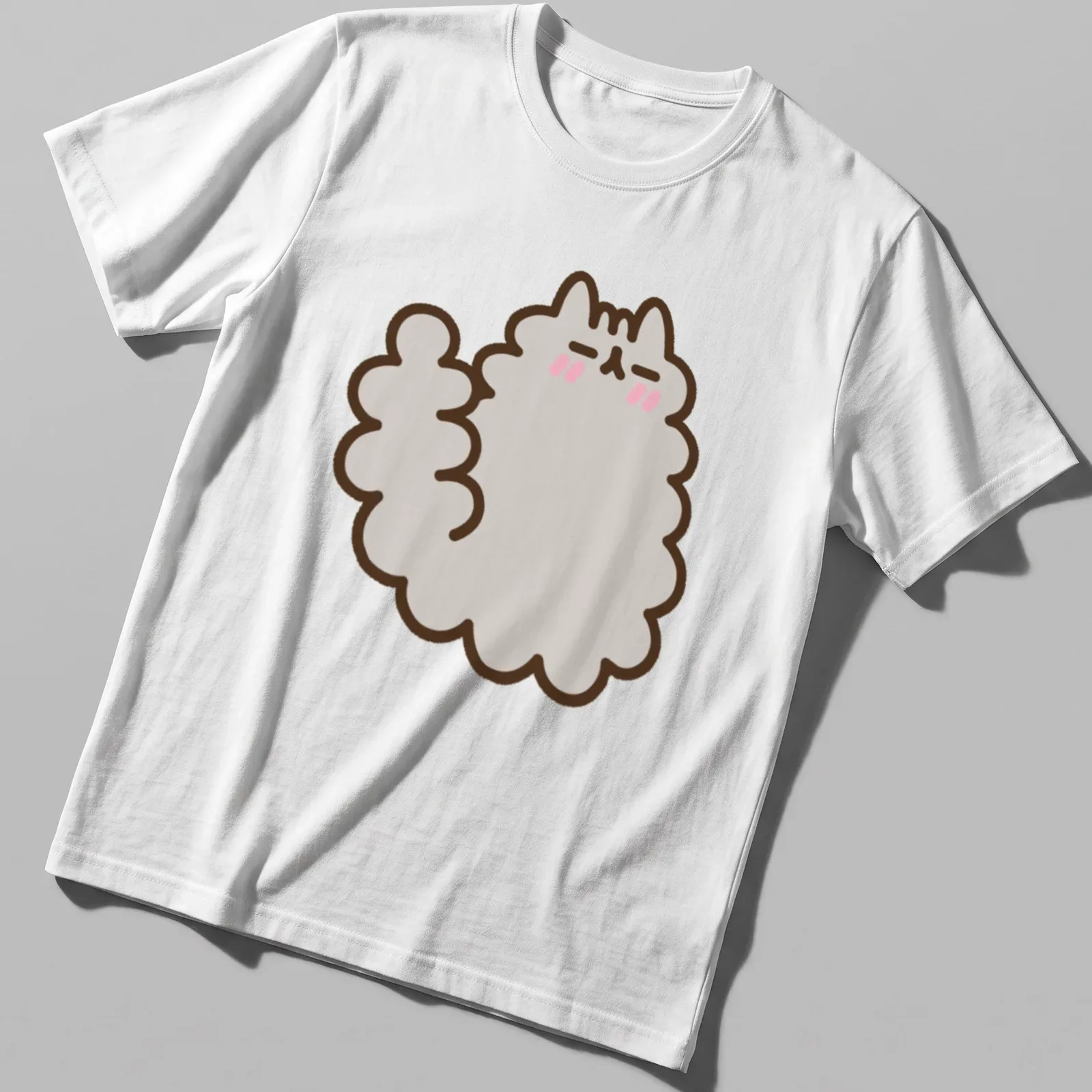 Kawaii style t-shirt with a shy fluffy cat character in gray, pink, and brown — printed on a unisex t-shirt