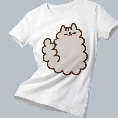 Kawaii style t-shirt with a shy fluffy cat character in gray, pink, and brown — printed on a women's shirt