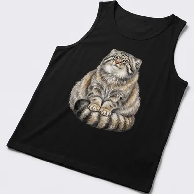 Watercolor of a fluffy Pallas Cat with a majestic expression in gray and cream — printed on a tank top