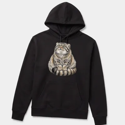 Watercolor of a fluffy Pallas Cat with a majestic expression in gray and cream — printed on a unisex hoodie