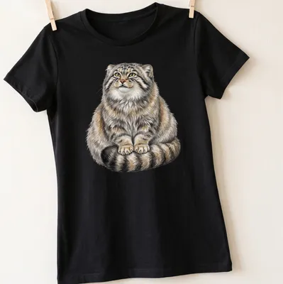 Watercolor of a fluffy Pallas Cat with a majestic expression in gray and cream — printed on a women's shirt