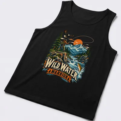 Vintage illustration of a fly fisherman with text reading Wild Water Warrior — printed on a tank top