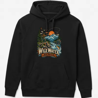 Vintage illustration of a fly fisherman with text reading Wild Water Warrior — printed on a unisex hoodie