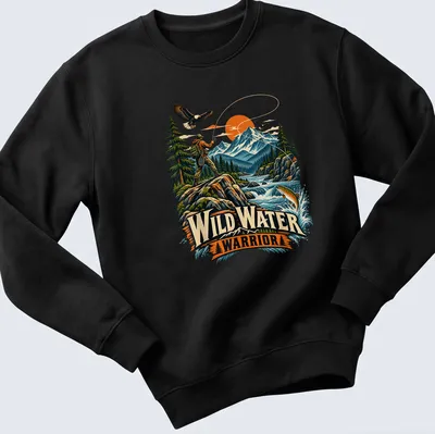 Vintage illustration of a fly fisherman with text reading Wild Water Warrior — printed on a unisex sweatshirt