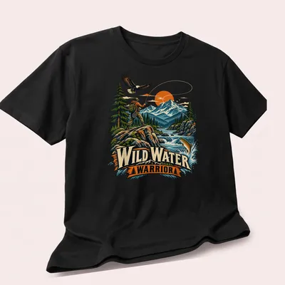 Vintage illustration of a fly fisherman with text reading Wild Water Warrior — printed on a unisex t-shirt (angled view)
