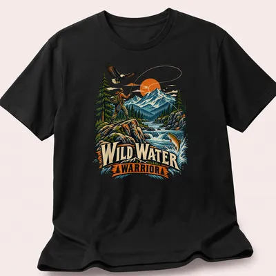 Vintage illustration of a fly fisherman with text reading Wild Water Warrior