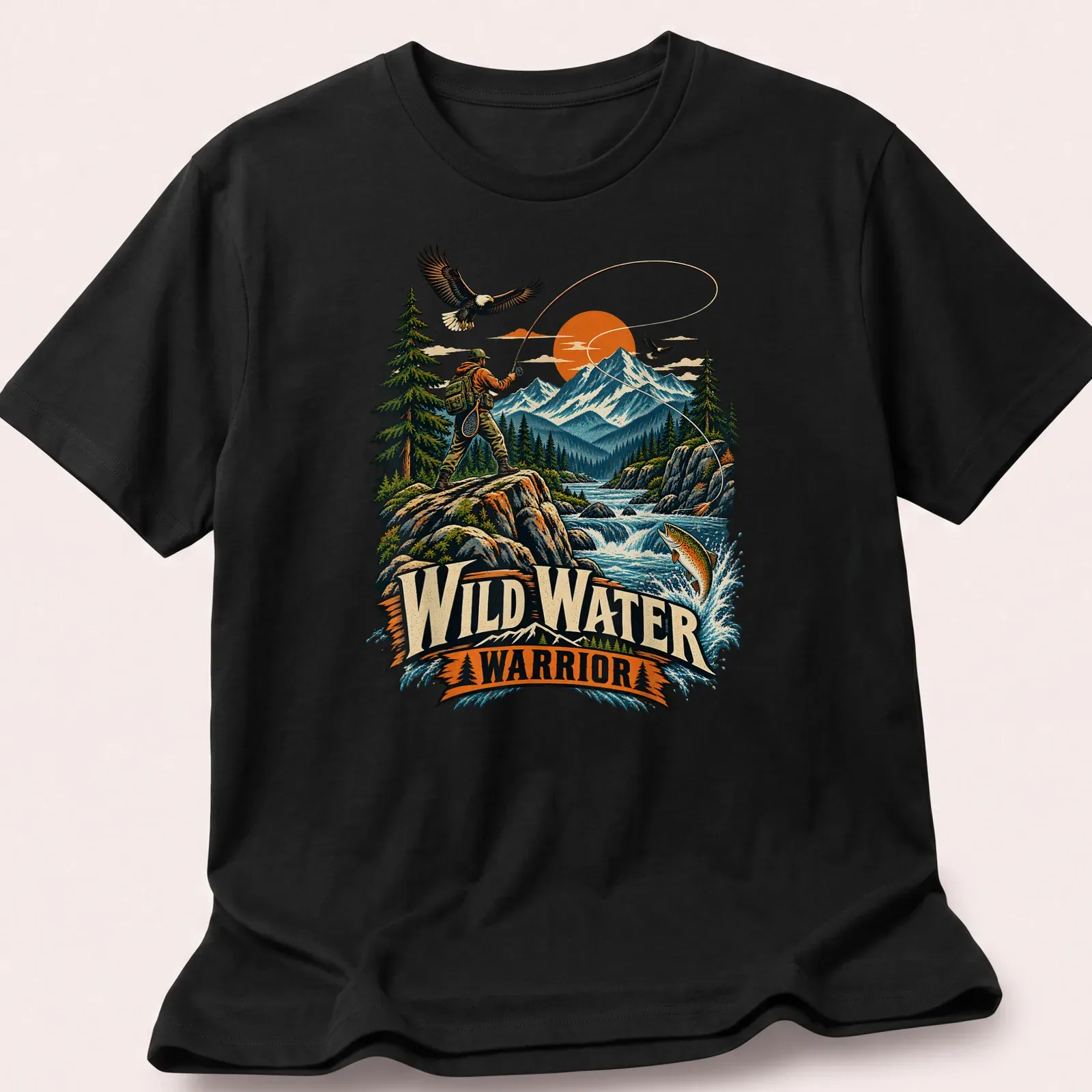 Vintage illustration of a fly fisherman with text reading Wild Water Warrior — printed on a unisex t-shirt