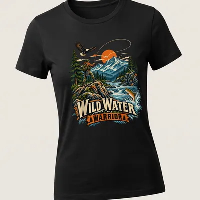 Vintage illustration of a fly fisherman with text reading Wild Water Warrior — printed on a women's shirt