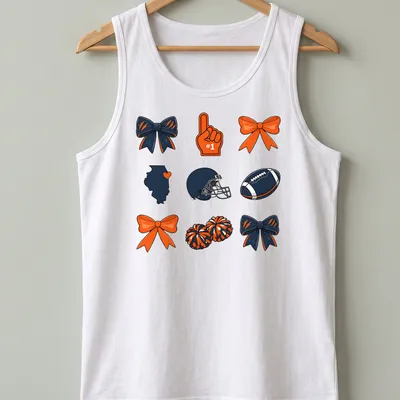 Kawaii-style football helmet with cheer bows and Illinois shape, featuring #1 text — printed on a tank top
