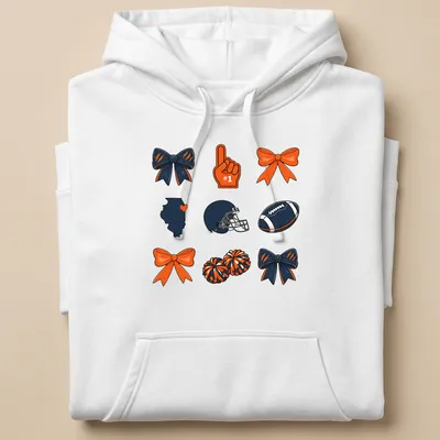 Kawaii-style football helmet with cheer bows and Illinois shape, featuring #1 text — printed on a unisex hoodie