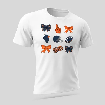 Kawaii-style football helmet with cheer bows and Illinois shape, featuring #1 text — printed on a unisex t-shirt (angled view)