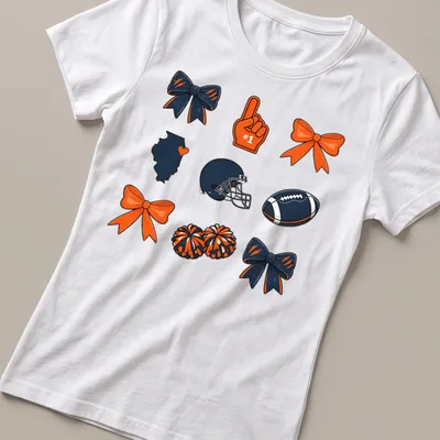 Kawaii-style football helmet with cheer bows and Illinois shape, featuring #1 text — printed on a women's shirt