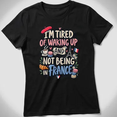 Cute and colorful illustration of France with Eiffel Tower and pastries — printed on a women's shirt