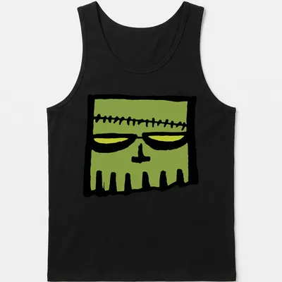 Cartoonish Frankenstein skull in green, black, and yellow colors — printed on a tank top