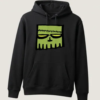 Cartoonish Frankenstein skull in green, black, and yellow colors — printed on a unisex hoodie