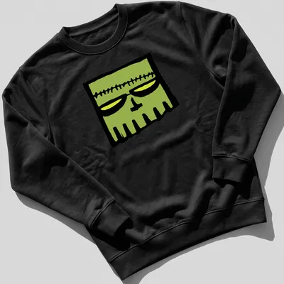 Cartoonish Frankenstein skull in green, black, and yellow colors — printed on a unisex sweatshirt