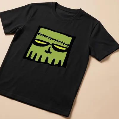 Cartoonish Frankenstein skull in green, black, and yellow colors