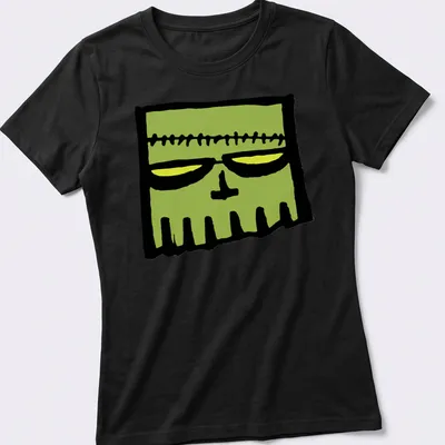 Cartoonish Frankenstein skull in green, black, and yellow colors — printed on a women's shirt