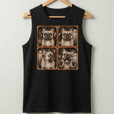 Vintage distressed design of a French Bulldog in a ghost costume for Halloween — printed on a tank top